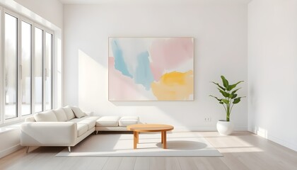 Stylish Living Room Highlighting Pastel Abstract Art and a White Couch