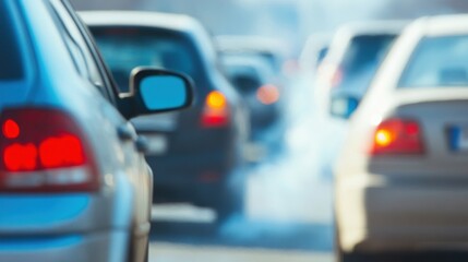 Vehicles are caught in traffic, emitting exhaust smoke as commuters wait in a congested city area during rush hour