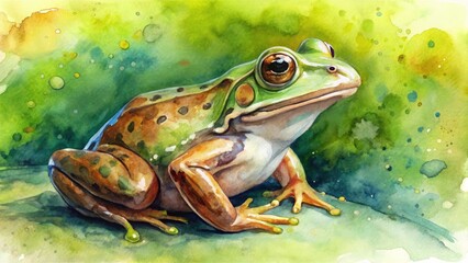 Watercolor Frog Painting, Green Brown Amphibian Art, Cute Frog Illustration, Nature Animal Artwork