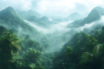 Misty tropical jungle valley with lush vegetation and mountains.