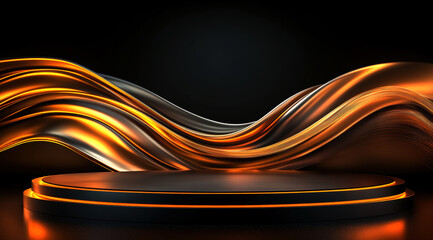 This stunning image showcases a sleek stage design featuring dynamic, flowing waves in gold and black tones, perfect for presentations, awards, or entertainment events.