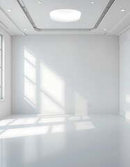 Fototapeta premium Sunlit Empty Room With White Walls And Modern Ceiling