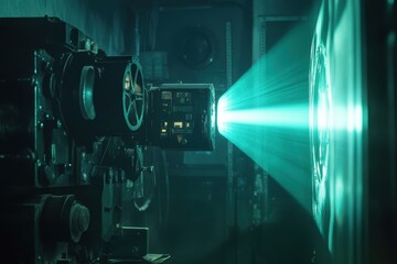 Vintage film projector casts a teal beam. Illustrates nostalgia, cinema, and old movie tech.