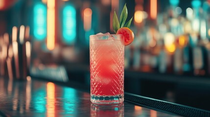 Refreshing cocktail garnished with fruit sits on a sleek bar counter, surrounded by glowing neon lights in a lively atmosphere