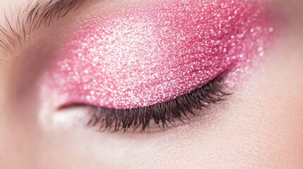 Obraz premium This close up focuses on a woman's eye, featuring sparkling pink eyeshadow that enhances her natural beauty in bright lighting