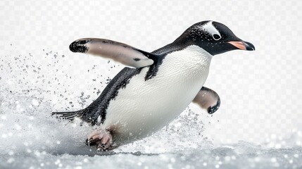 Penguin In Motion With Water Splash Close Up On White Background Isolated