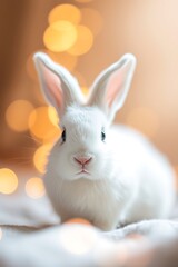Obraz premium Adorable white bunny rabbit sitting on a soft surface with bokeh lights in the background.