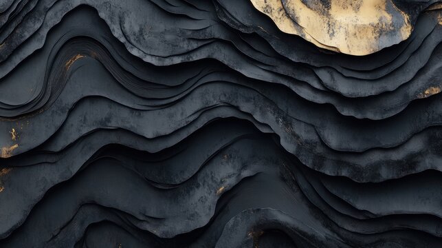 Dark liquid waves flow in an abstract design, showcasing smooth curves and highlights of gold, creating a striking visual contrast