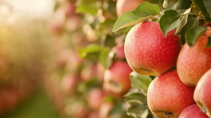 Obraz premium Bright red apples are plentiful on trees in a thriving orchard, basking in the warm light of the autumn evening