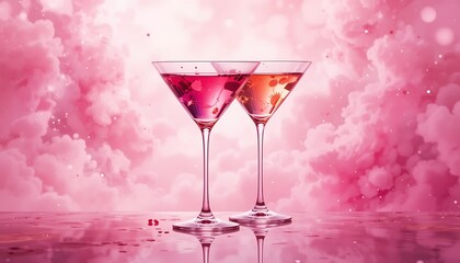 Pink Cocktails in Martini Glasses Against a Cloudy Background