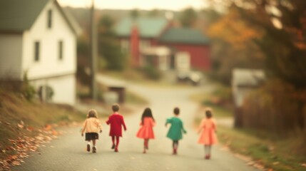 A group of children in colorful Halloween costumes walk down a rural road lined with trees and houses during the early evening