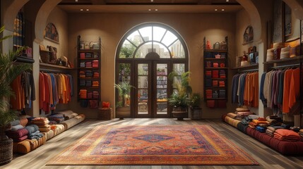 Obraz premium Sunlit Boutique Interior: A Warm and inviting retail space with rich textiles and earthy tones, showcasing an array of clothing and accessories