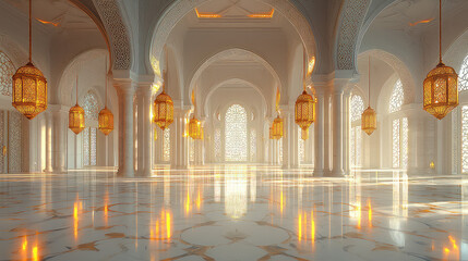 Sunlit interior of a grand mosque with ornate arches, columns, and hanging lanterns reflecting on a polished marble floor.