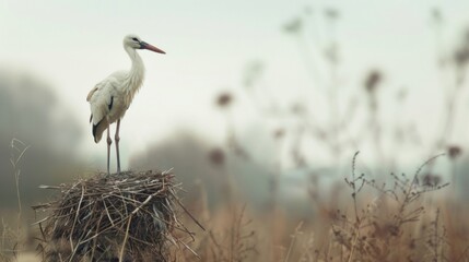 A stork balances elegantly on its nest, surrounded by soft grass and delicate plants in a calm, early morning setting