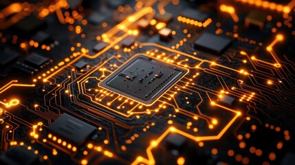 Intricate Circuit Board with Glowing Orange Pathways and Central Processor. High-detail image showcasing complex electronic circuitry and technological advancement. The warm glow of orange highlights