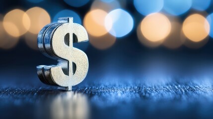 Dramatic financial theme, illuminated dollar sign centerpiece on a table with backlit bokeh