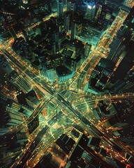 Nighttime cityscape of Bangkok with skyscrapers, lights, and traffic seen from an aerial view