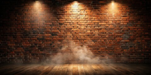 Moody interior scene with brick wall and wooden floor, illuminated by spotlights and subtle fog