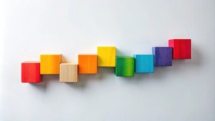 Obraz premium Colorful Wooden Blocks Arranged in Ascending Order Forming a Staircase Shape on a White Background