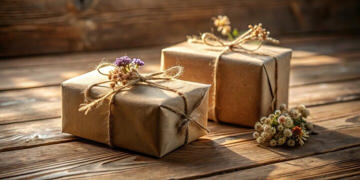 Rustic Gifts Wrapped in Kraft Paper with Dried Flowers Adorning the Top, Sitting on a Wooden Surface Bathed in Warm Sunlight