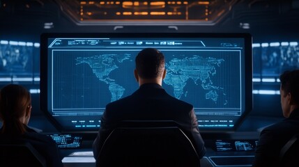 A group monitors a digital world map in a high-tech control room setting.