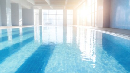 Sunlight illuminates a tranquil indoor swimming pool featuring clearly marked lanes, creating a serene atmosphere for relaxation