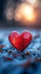 Obraz premium Frozen Red Heart at Sunset - Symbol of Love and Winter