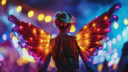 A festival participant stands amidst colorful lights, sporting illuminated wings and a decorated costume while enjoying the lively atmosphere