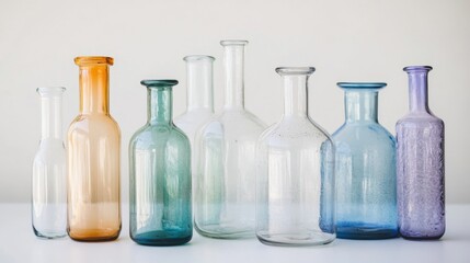 Various glass laboratory equipment arranged neatly on a white surface, showcasing different shapes and colors for experimental purposes