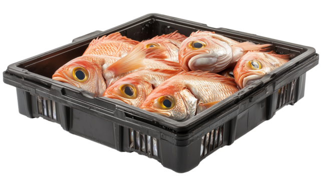 Freshly caught fish packed in crates, isolated on transparent background 
