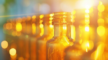 Golden vials catch the sunlight, enhancing a peaceful environment with their shimmering reflections and warm hues in an outdoor space