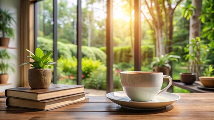 Serene morning coffee break by a sunlit window with potted plant and books