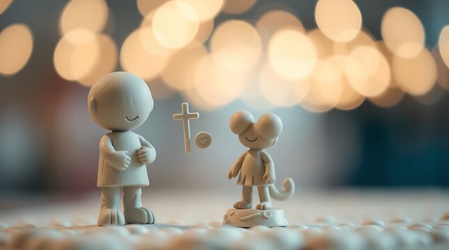 Clay figurines, cross, bokeh lights.