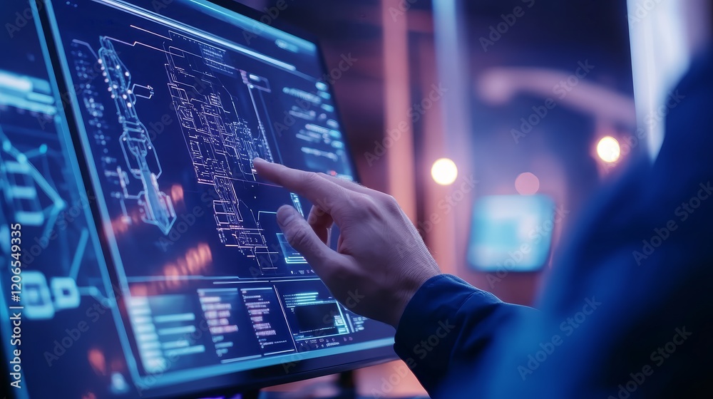 Poster a person interacting with a digital screen displaying technical schematics and data.