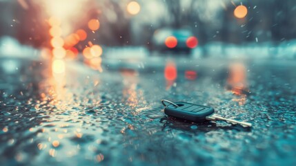 A lost car key is seen on a wet street covered in rain, surrounded by glistening reflections of city lights and passing vehicles