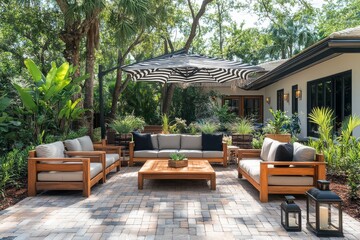 Fototapeta premium Beautiful Miami home with brick patio, black and white striped umbrella, wooden sofa and chairs, potted plants, and lanterns in Miami-style decor.