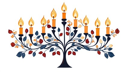 Ornate menorah with candles and autumnal leaves