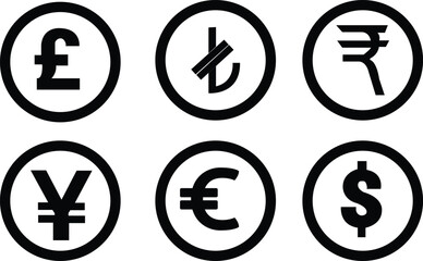 Different currency designs silhouette,Most important currency vector,Dollar,euro,pond collection,Stock market currency set, Foreign exchange notes and currency in stock exchange 