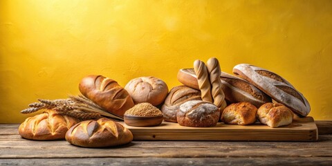 Fototapeta premium A rustic arrangement of freshly baked artisan bread loaves and rolls, accompanied by a bowl of grains, rests on a wooden board against a vibrant yellow backdrop.