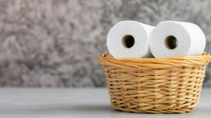 Two toilet paper rolls neatly placed in a wicker basket complementing a minimalistic home decor in a bright and tidy space