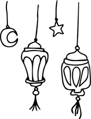 2 hanging lanterns with hanging moon and star shaped decorations