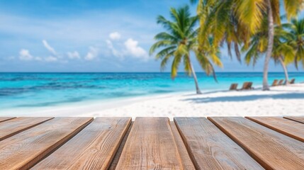 A wooden table overlooks a stunning tropical beach with palm trees and clear turquoise water, creating a tranquil and inviting atmosphere