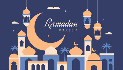 Modern flat geometric shape ramadan background, banner, cover. Islamic holidays greetings with mosque. © titusurya