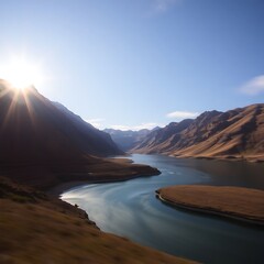 Fototapeta premium Sunlit mountain lake and valley.