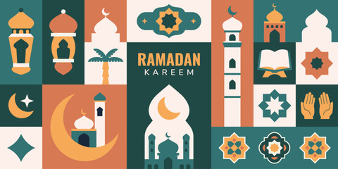 Modern flat islamic background , greetings card, banner. Ramadan kareem islamic holidays in geometric style. © titusurya