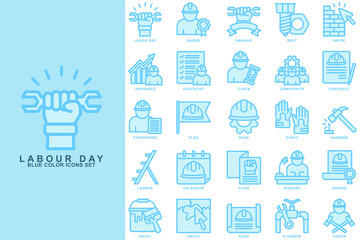 Labor day dual tone blue color icons pack, contain badge, bold, flyer, worker, award, hammer, gear and more. use for modern concept UI and UX kit, app and web development. Vector EPS 10.