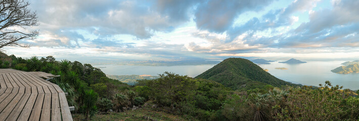 Wide angle panorama of Fonesca Gulf and La Union Bay from the top of Conchagua Volcano observation...