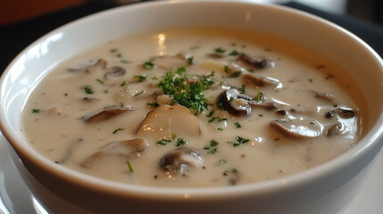A creamy mushroom soup is elegantly served in a bowl.