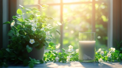 Sunlit window scene with a glass of milk beside a potted plant and blooming flowers