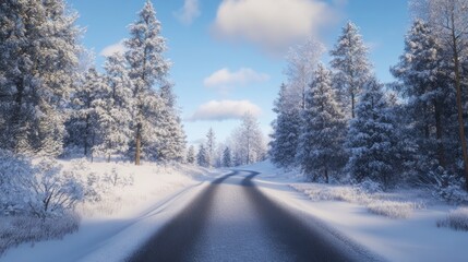 Snowy Road Through Winter Forest